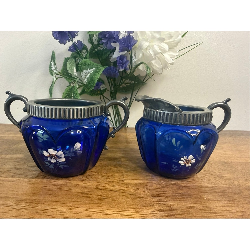 Vintage Cobalt Blue Glass‎ Cream Sugar Set Hand Painted Floral MCM Kitchen Decor